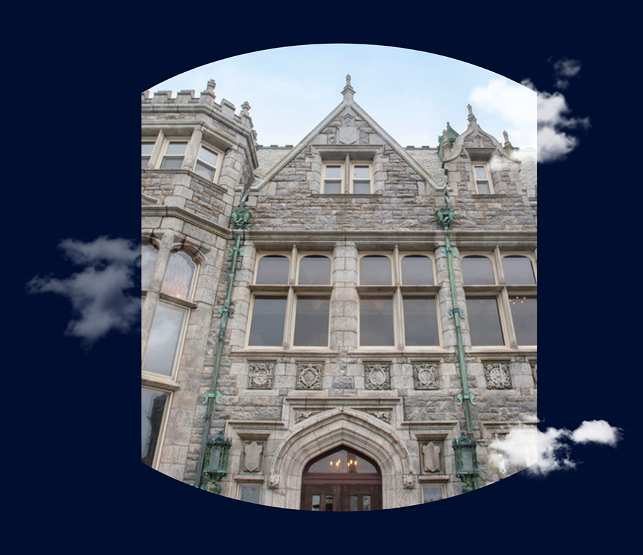 Artwork of the Branford House at Avery Point with clouds layered on top.